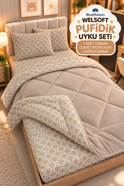 Single Welsoft Pufidik Sleeping Set (With Elastic Sheet) Beige Chain