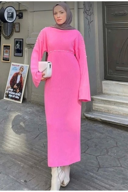 Kadın Giyim Pembe İncili Triko Uzun Elbise