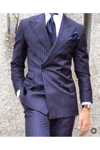 Italian Cut Ducktail Collar Navy Blue Double Pocket Striped Men's Suit