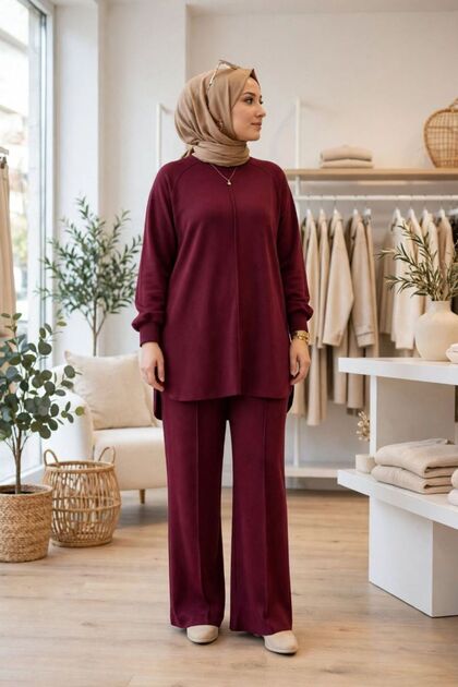 Stitched Detailed Sports Suit Burgundy
