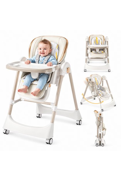 Scaun înalt multifuncțional BabyBoor 3 în 1, balansoar pentru copii de peste 6 luni, masă de activități, tavă dublă, centură cu 5 bucăți