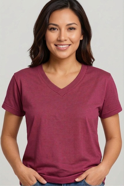 WOMEN'S Set-In V-Neck Slit-Collar Detail T-Shirt, Jersey-Modal Fabric