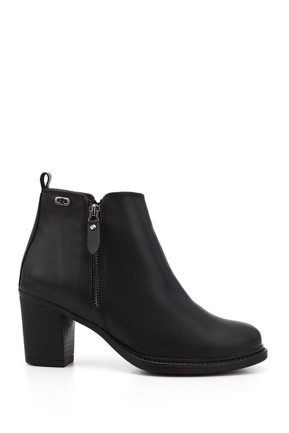 Women's Black Zippered Thick Heeled Boots
