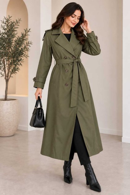 Women's Kruvaze Yka Belted Long Trench Coat - with Buttons and Belt