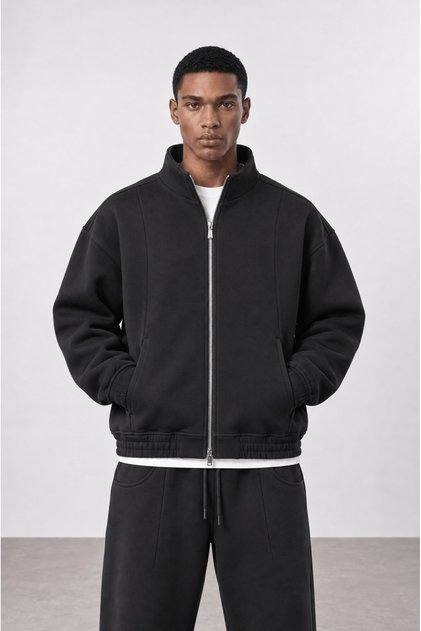 Erkek Crop Fit Panda Oversize Zip Siyah