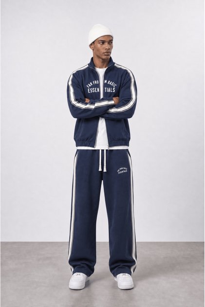 Men's Essentials Stripe Detailed Doubleface Tracksuit Set Navy Blue