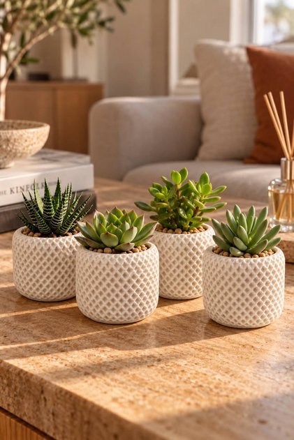Mini Dörtlü Premium Sukulent Saksı - El Yapımı Beton - Beyaz - Minimal Dekoratif