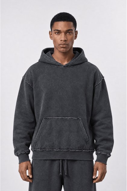 Men's Dirty Stitch Detailed Washable Basic Oversize Hoodie Black