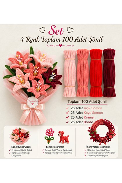 Chenille Flower Making Set 100 Pieces (A.Salmon,K.Salmon,Red,Burgundy)