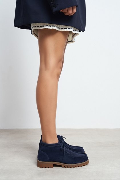 Nila Navy Genuine Suede Leather Lace-Up Women's Boots with Textured Thick Soles