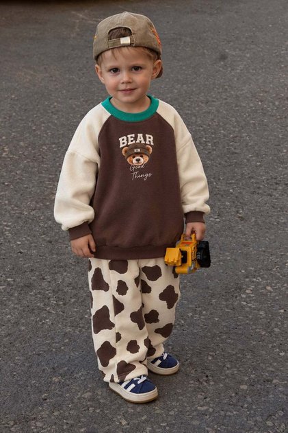 Boys' Cotton 3-Ply Fabric Top and Bottom Set with Teddy Bear Print