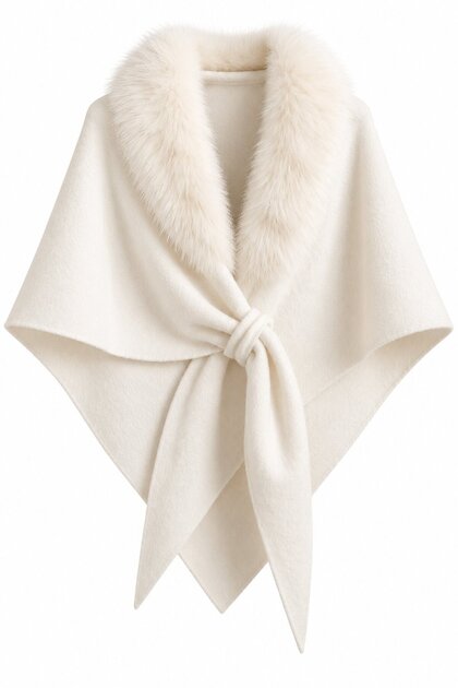 Fur-Trimmed Cream-Colored Shawl - 9090