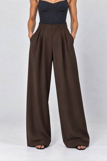 Adjustable-Button Wide-Leg Fabric Pants
