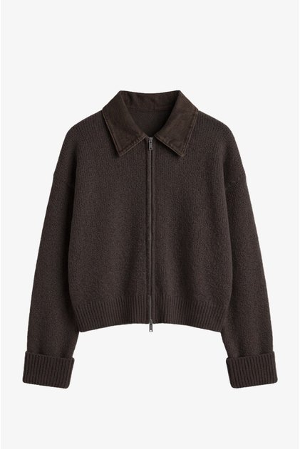 Brown Denim-Collar Zip-Up Cardigan