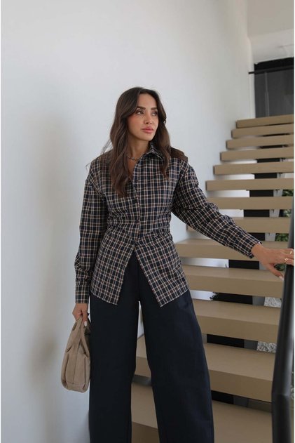 Navy Blue Plaid Shirt with a Drawstring Waist