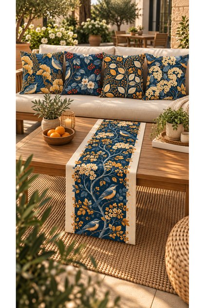Set of 4 Cushion Covers with a Navy Blue Background and Gold-Yellow Floral Print + 1 Table Runner – 43x43 cm Reversible Cushion Covers, 40x140 cm Table Runner
