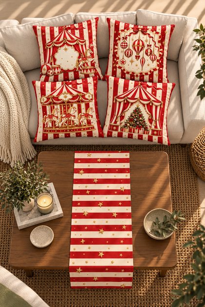New Year's Carousel and Christmas Decorations Patterned 4-Piece Cushion Cover and Table Runner Set – 43x43 cm, 40x140 cm, Reversible, Invisible Zipper