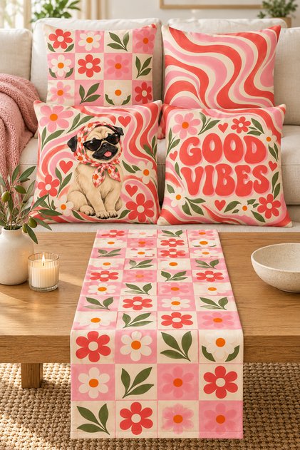 Good Vibes Pug Dog and Pink Floral Print 4-Piece Cushion Cover and Table Runner Set – 43x43 cm, Reversible, Invisible Zipper, 40x140 cm Table Runner