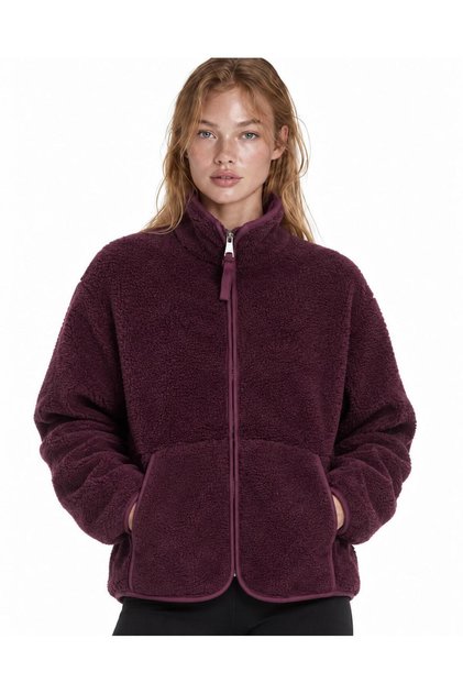 Women's Plum-Colored Plush Mock Neck Jacket with a Stand-Up Collar, Zipper, and Zippered Pockets