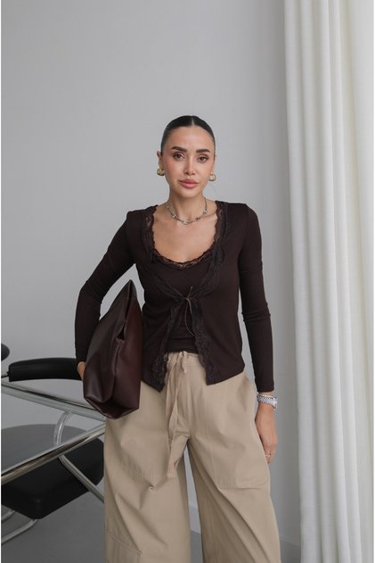 Brown Cardigan-Style Lace Blouse
