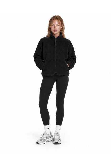 Women's Black Plush Mock Neck Jacket with a Stand-Up Collar, Zipper, and Zippered Pockets