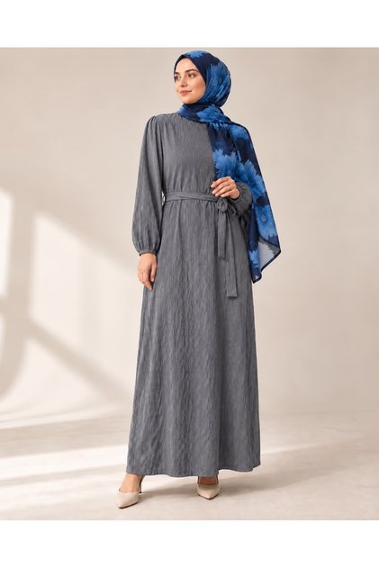 Women's Belted Textured Hijab Dress – Long Sleeve Casual Dress