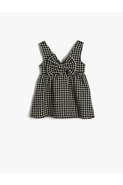 Tweed Dress with V-Neck and Bow Detail