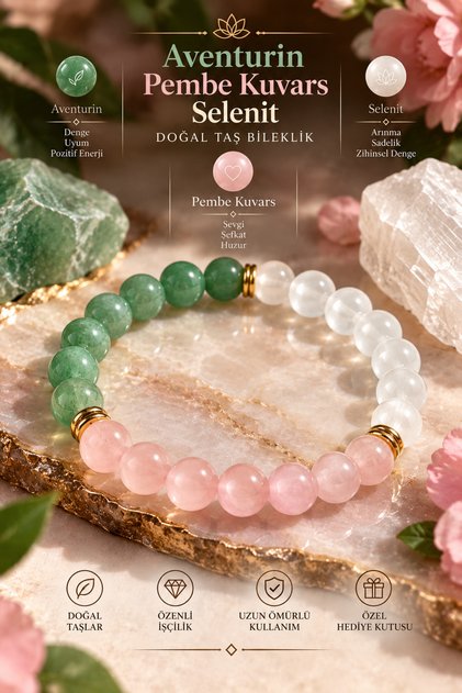 Love, Luck Magnet Aventurine, Pink Quartz, Selenite Natural Stone Bracelet 8 mm