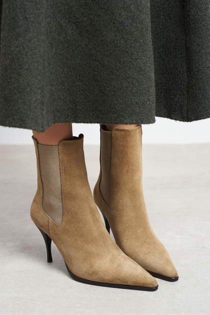 Barney Rome Beige Suede Leather Chelsea Boots for Women with Rubber Accents, Pointed Toe, and Stiletto Heel