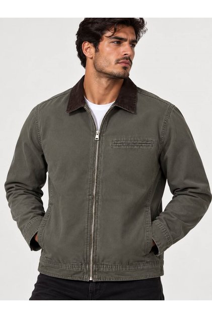 Men's Regular Fit Collar Garni Zippered Khaki Denim Jacket