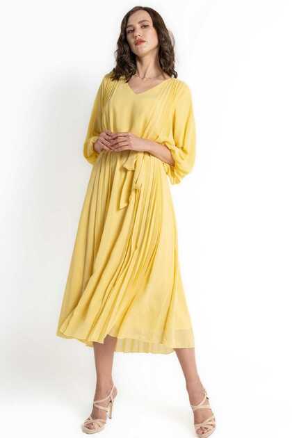 Women's Pleated Midi Dress with 3/4 Sleeves
