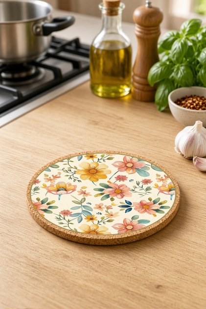 Flower Patterned Cork Pot and Pan Mat 19cm Diameter 1cm Thickness