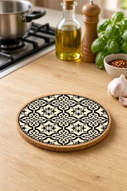 Retro Vintage Patterned Cork Trivet for Pots and Pans, 19cm Diameter, 1cm Thickness