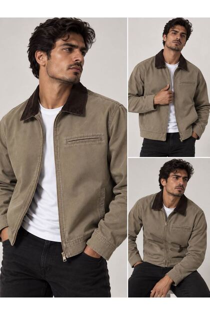 Men's Regular Fit Collar Garni Zippered Mink Denim Jacket