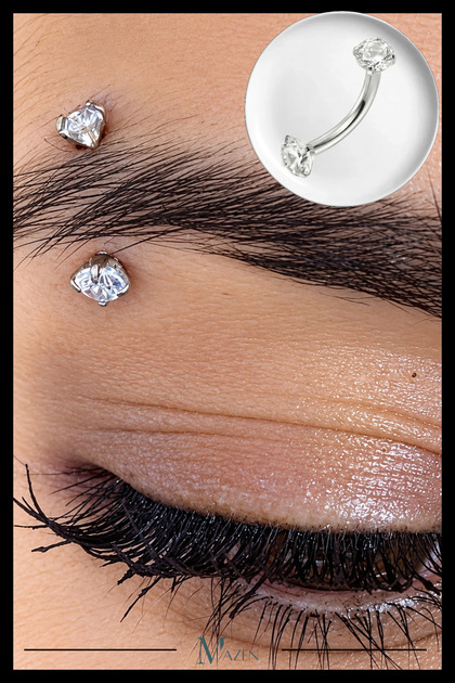 Gümüş Renk Çift Zirkon Taşlı Tırnaklı Kaş Piercingi (Curved Barbell)