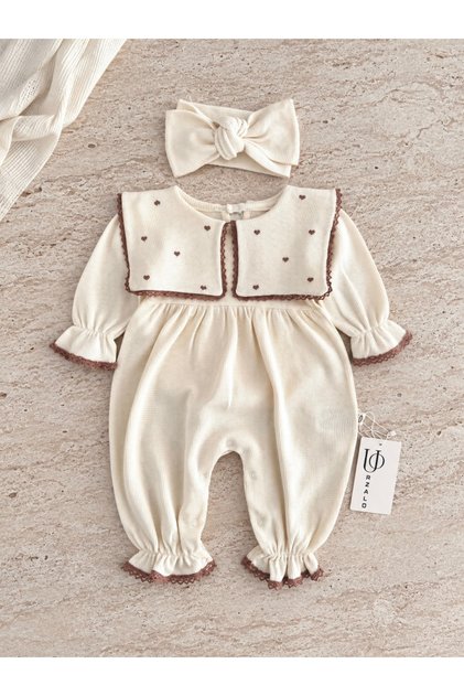 Maita Tulum Square Handkerchief Collar Heart Embroidered Waffle 100% Cotton Jumpsuit and Bandana Set