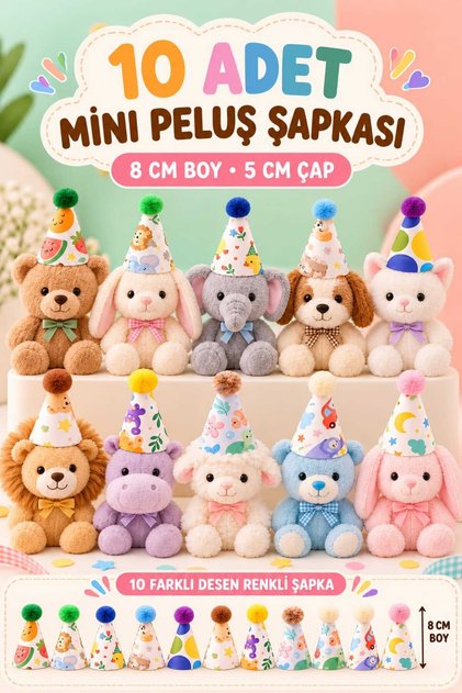 Oyuncak için Minik Şapka Parti Süpriz Oyuncak Şapkası 10 Adet 8cm Lastikli poponlu