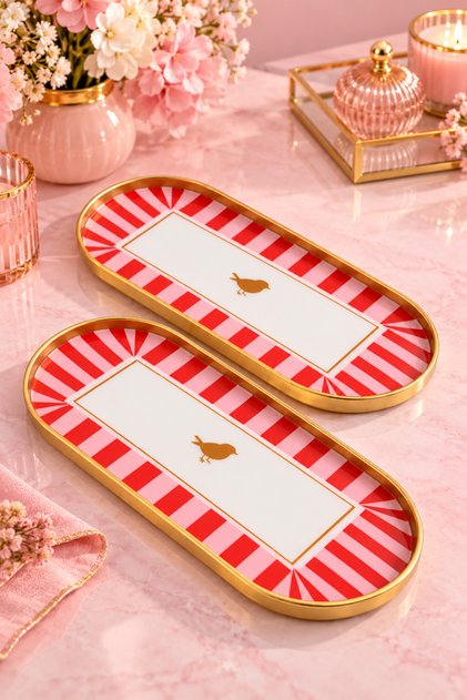 2-Person Gold Presentation Serving Tray Bird Lovely Birds Patterned Decorative OVAL Tray