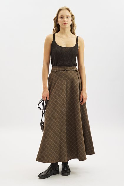 Plaid Patterned Wide Skirt Brown