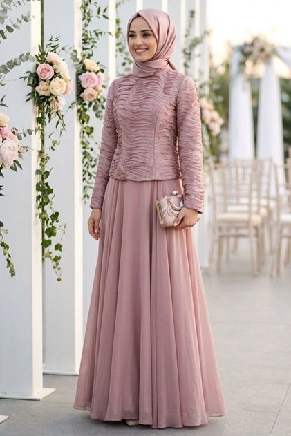 Gathered Detailed Salmon Hijab Evening Dress 54912Smn