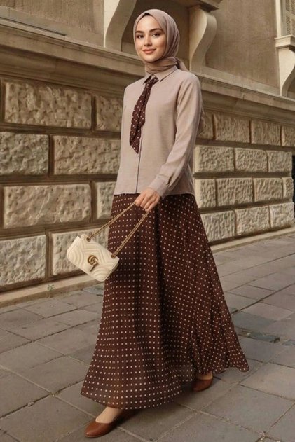 Polka Dot Skirted Shirt Brown Hijab Double Set 1386Kh
