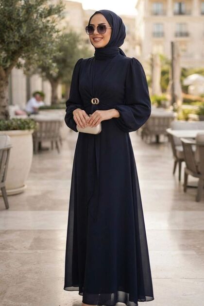 Brooch Detailed Draped Navy Blue Hijab Evening Dress 6304L