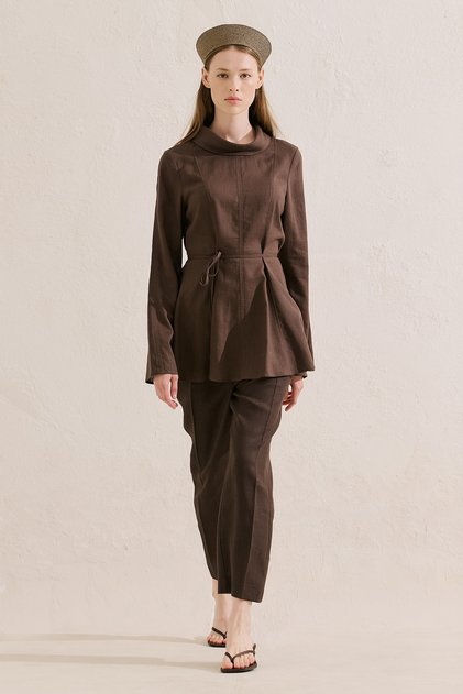 Linen Mixed High Collar Tunic Brown