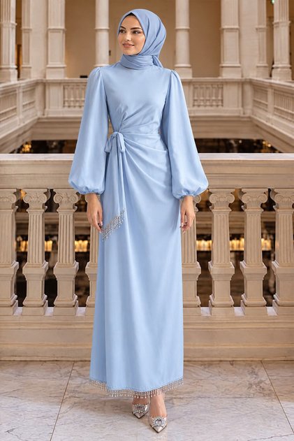 Balloon Sleeve Baby Blue Hijab Evening Dress 62251Bbm