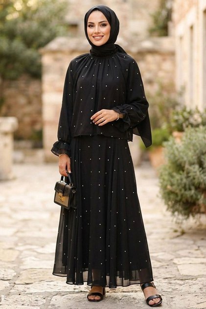 Pearl Detailed Ruffled Black Hijab Set 53383S