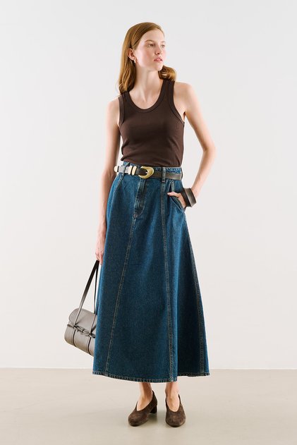 Long Stitched Denim Skirt Blue