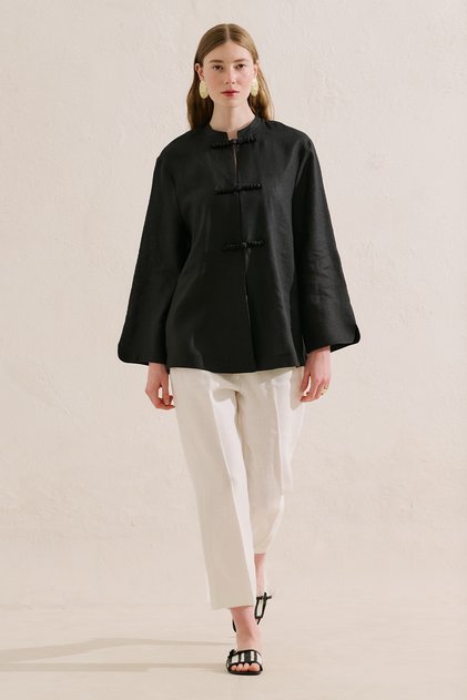 Linen Design Tie-Up Jacket Black
