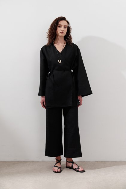 Linen Double Breasted Kimono Black