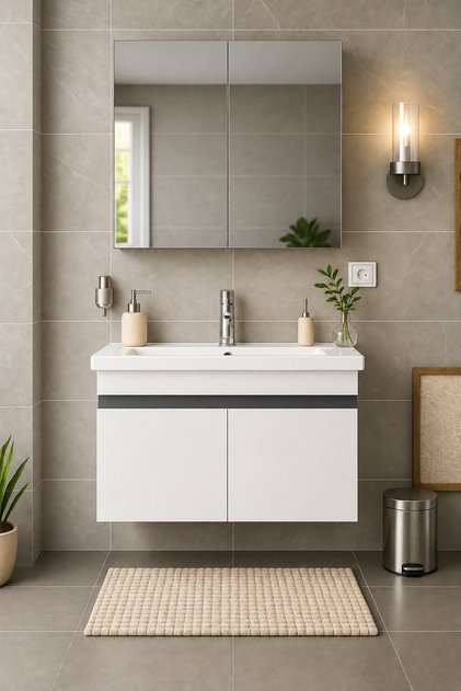 DMZ Home Concept Arista 80 cm Beyaz Banyo Dolabı Takımı – Tamamı MDF, Seramik Lavabolu, Alt Dolap ve Aynalı Üst Dolap