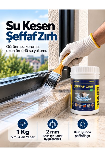 SU KESEN Şeffaf Su Yalıtımı–Kılcal Çatlak Doldurur, Kiremit, Shingle, Ahşap, Beton ve Şap için 1 Kg